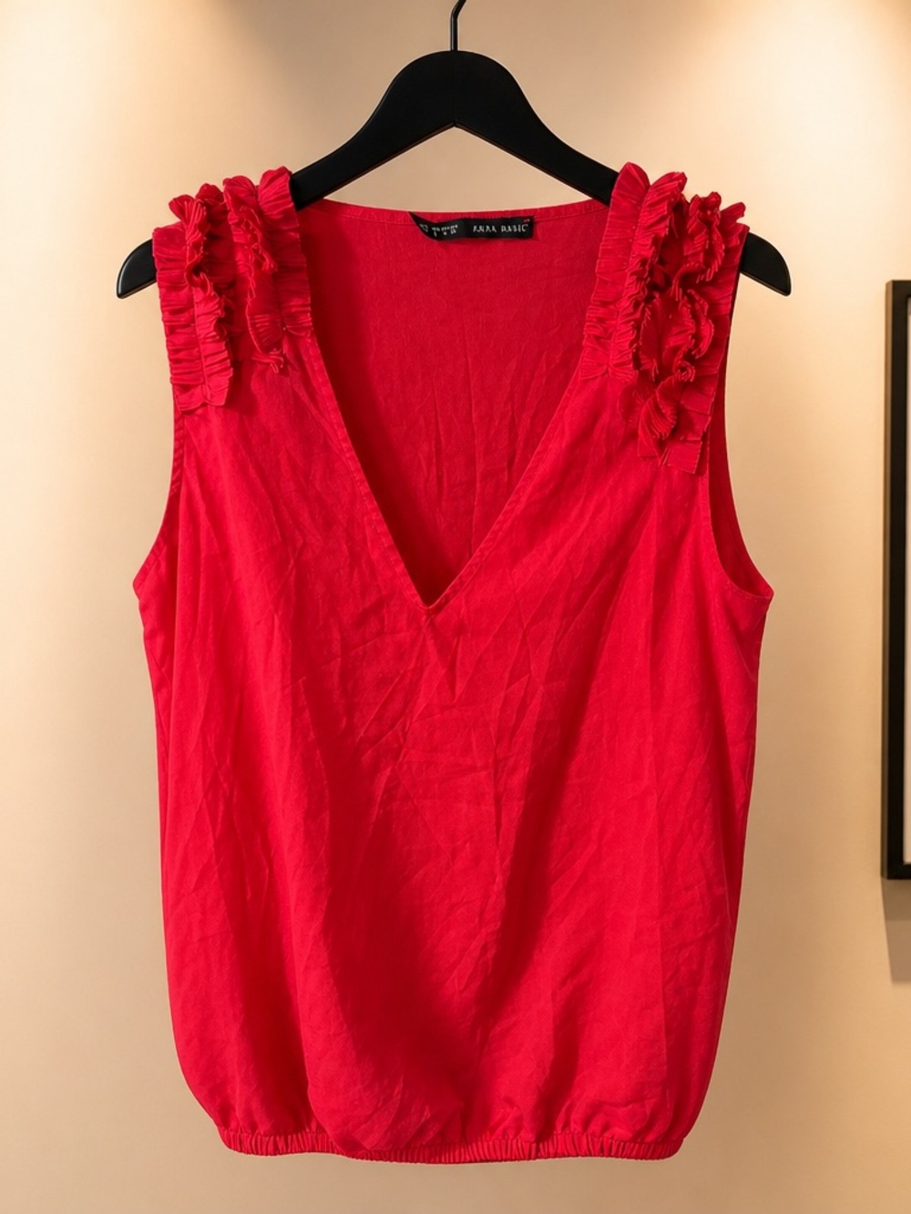 Zara Bright Red Ruffle-Shoulder V-Neck Camisole